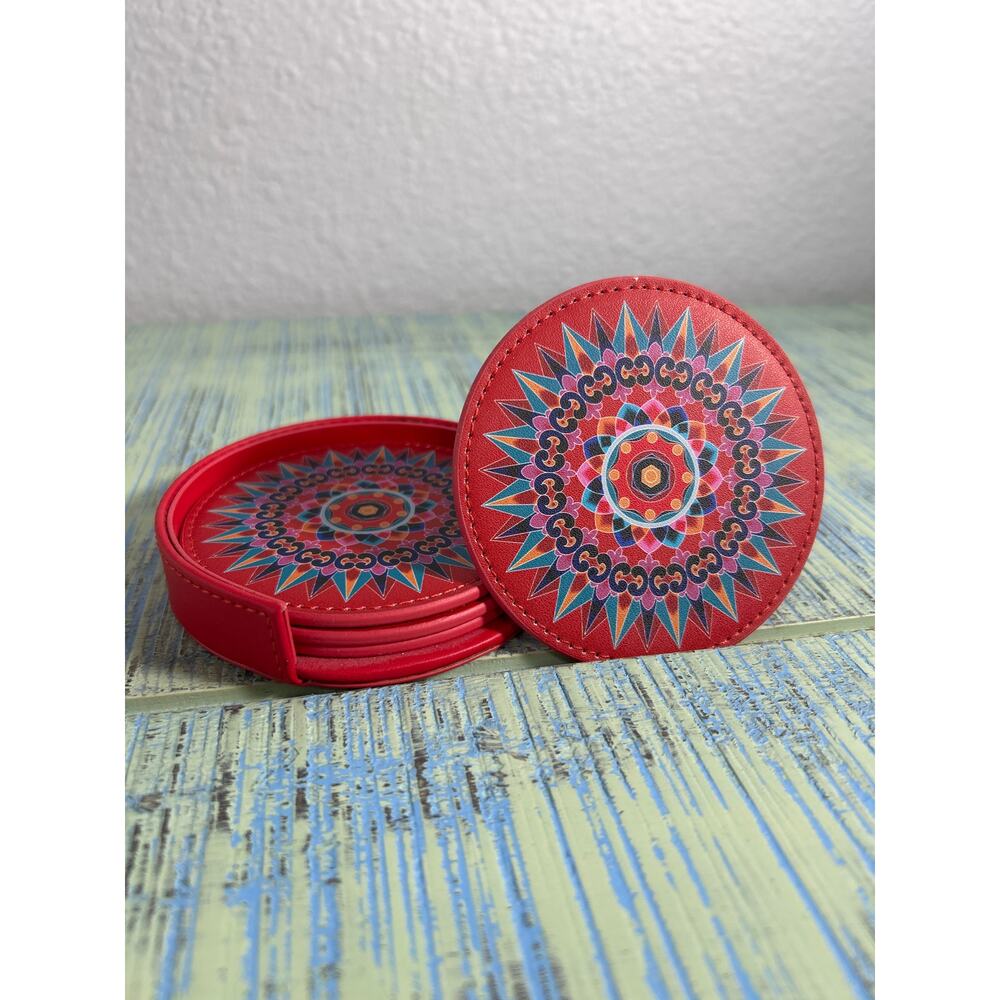 Oxcart Wheel Coaster Set (4) w/ Holder Mandala Ethnic Art Home Decor Hippie
